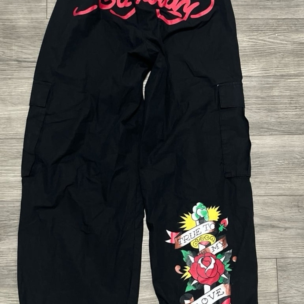Ed Hardy Black Cargo Pants with Red and Green Accents